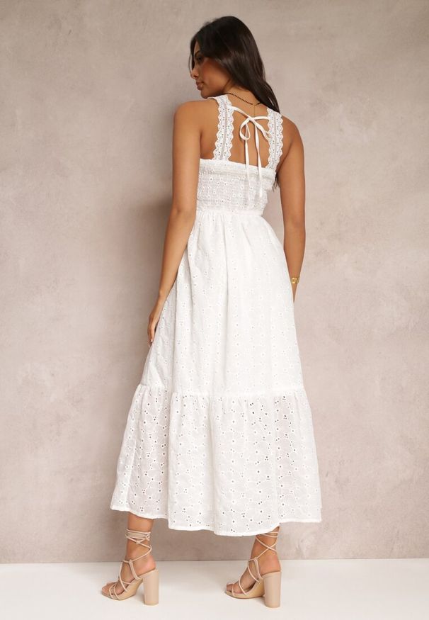 Renee - Biała Haftowana Sukienka Maxi z Koronką Norgann. Kolor: biały. Materiał: koronka. Długość rękawa: na ramiączkach. Wzór: haft, koronka. Długość: maxi