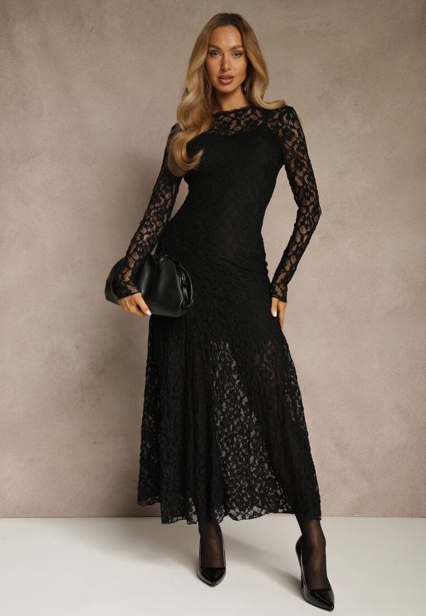 Renee - Czarna Elegancka Sukienka z Koronki z Odkrytymi Plecami Lilafera. Okazja: na co dzień. Typ kołnierza: dekolt na plecach. Kolor: czarny. Materiał: koronka. Długość rękawa: na ramiączkach. Wzór: koronka. Styl: elegancki