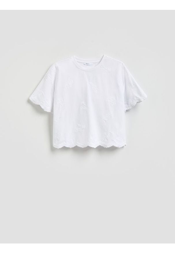 Reserved - T-shirt z haftowanym wzorem - biały. Kolor: biały. Materiał: bawełna. Wzór: haft