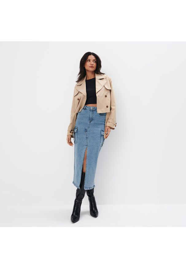 Mohito - Jeansowa spódnica midi - Niebieski. Kolor: niebieski. Materiał: jeans