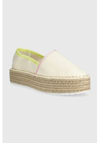 Tommy Jeans espadryle FLATFORM ESPADRILLE kolor beżowy na platformie EN0EN02078. Nosek buta: okrągły. Kolor: beżowy. Materiał: bawełna, guma. Obcas: na platformie #3
