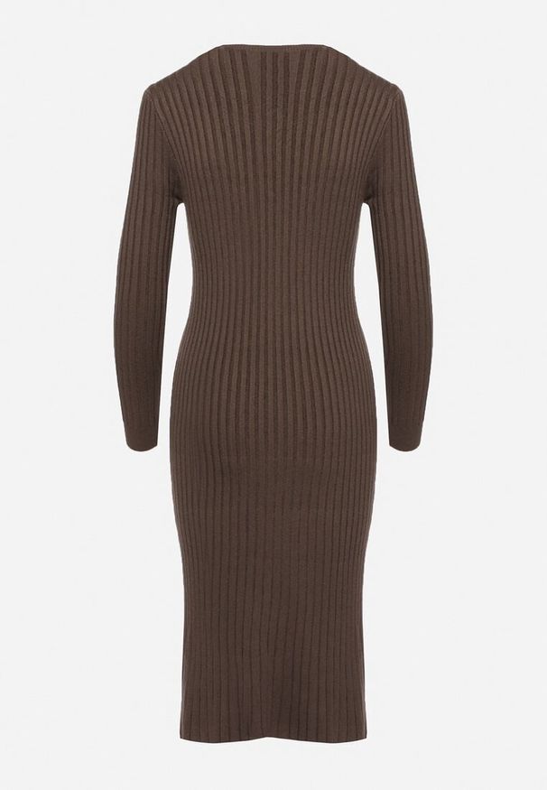 Born2be - Brązowa Dopasowana Sukienka z Wiskozą z Prążkowanego Materiału Ściągana Troczkiem Eleavia. Okazja: na co dzień. Kolor: brązowy. Materiał: materiał, prążkowany, wiskoza. Wzór: aplikacja. Styl: casual