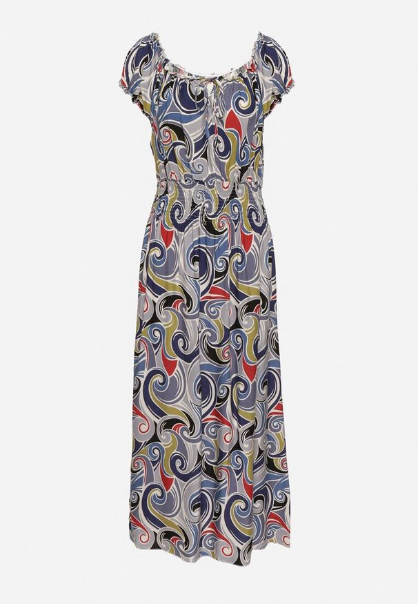 Born2be - Granatowa Bawełniana Sukienka z Abstrakcyjnym Wzorem i Gumką w Pasie Orralisa. Okazja: na co dzień. Kolor: niebieski. Materiał: bawełna. Typ sukienki: rozkloszowane, proste. Styl: klasyczny, casual, elegancki