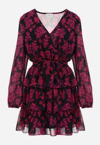 Born2be - Różowa Rozkloszowana Mini Sukienka w Kwiaty z Trójkątnym Dekoltem i Falbankami Cehamla. Typ kołnierza: kołnierz z falbankami. Kolor: różowy. Materiał: materiał. Wzór: kwiaty. Typ sukienki: kopertowe. Długość: mini #2