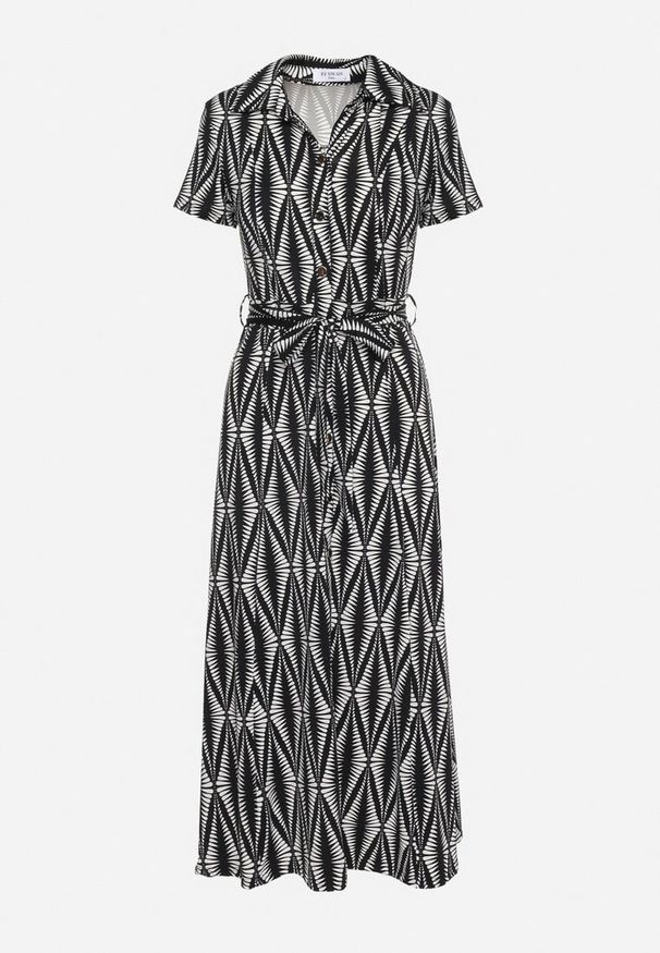 Born2be - Czarna Sukienka Koszulowa w Geometryczny Wzór Zapinana na Guziki z Materiałowym Paskiem Thilea. Okazja: na spotkanie biznesowe. Kolor: czarny. Materiał: materiał. Wzór: geometria. Typ sukienki: koszulowe. Styl: biznesowy