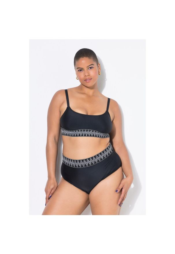 ULLA POPKEN - Damska Góra od bikini miękkie miseczki pas pod biustem z haftem. Kolekcja: plus size. Kolor: czarny. Materiał: poliester, elastan, poliamid, materiał. Wzór: haft