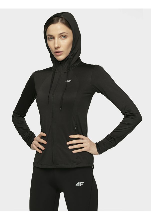 4f - Bluza treningowa damska. Typ kołnierza: kołnierzyk stójkowy. Kolor: czarny. Materiał: dzianina, materiał, włókno