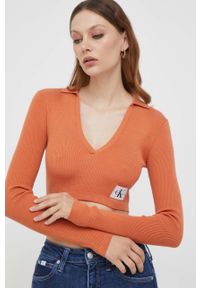 Calvin Klein Jeans longsleeve damski kolor pomarańczowy. Kolor: pomarańczowy. Materiał: dzianina, prążkowany. Długość rękawa: długi rękaw. Długość: długie