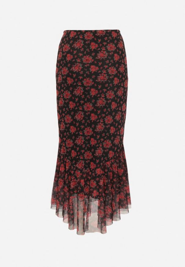 Born2be - Czarno-Czerwona Spódnica o Dopasowanym Kroju Zdobiona Falbanką Efririsse. Okazja: na co dzień. Kolor: czarny. Wzór: aplikacja. Styl: klasyczny, casual