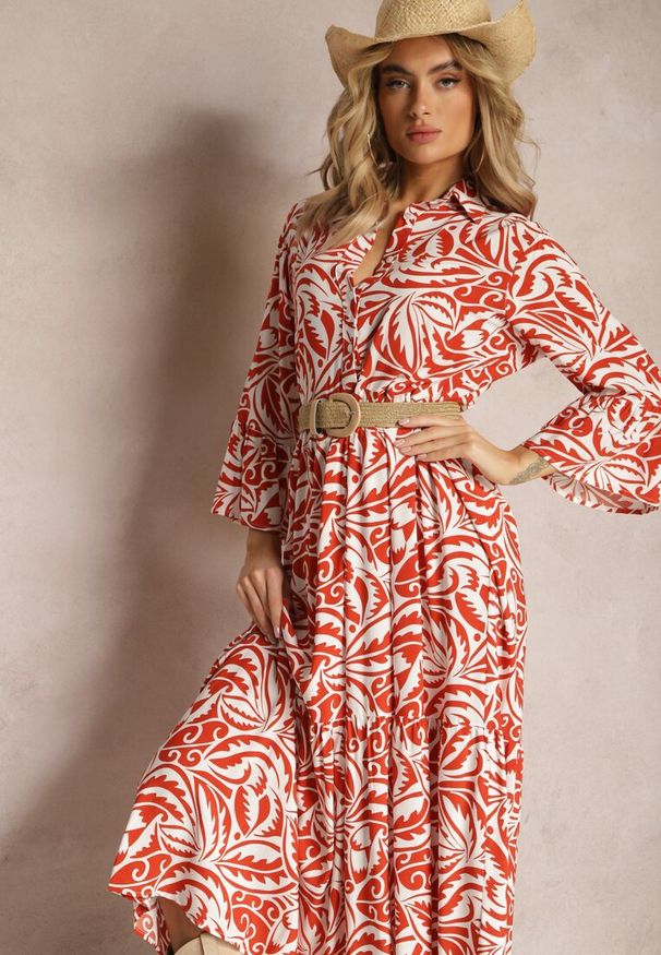 Renee - Pomarańczowo-Biała Sukienka Maxi z Falbanką z Guzikami i Orientalnym Wzorem Polka. Kolor: pomarańczowy. Długość rękawa: długi rękaw. Styl: elegancki. Długość: maxi