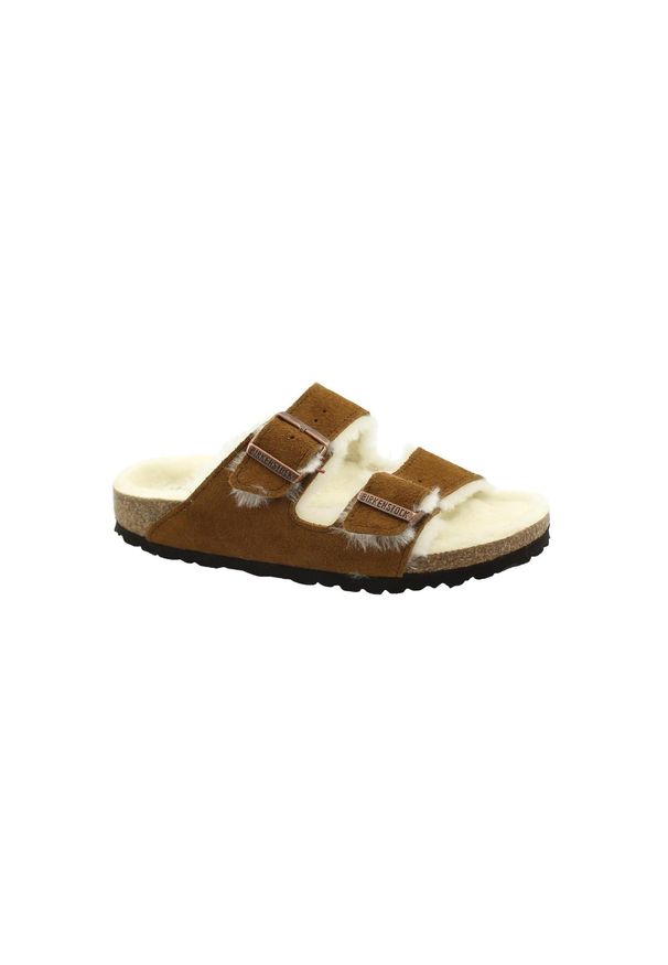 Klapki Birkenstock Arizona VL Shearling Mink wąskie narrow (1001135). Kolor: brązowy. Materiał: skóra, welur, materiał. Styl: elegancki