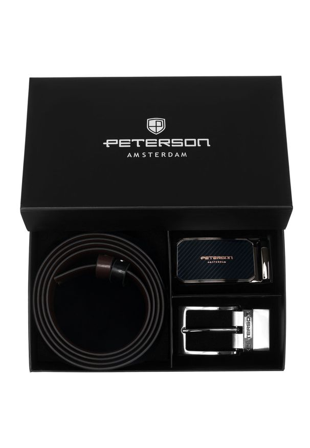 Zestaw prezentowy: dwustronny pasek skórzany w brązowym i czarnym kolorze Peterson PTN KL-B016S001. Kolor: czarny, wielokolorowy, brązowy. Materiał: skóra. Styl: elegancki
