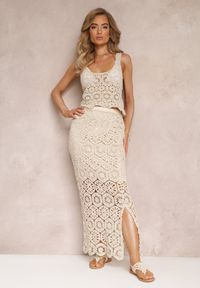 Renee - Beżowa Spódnica Maxi z Szydełkowej Tkaniny Jeslira. Okazja: na co dzień. Kolor: beżowy. Materiał: tkanina. Długość: krótkie. Styl: casual
