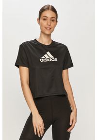 Adidas - adidas T-shirt kolor czarny. Okazja: na co dzień. Kolor: czarny. Materiał: dzianina. Wzór: nadruk. Styl: casual