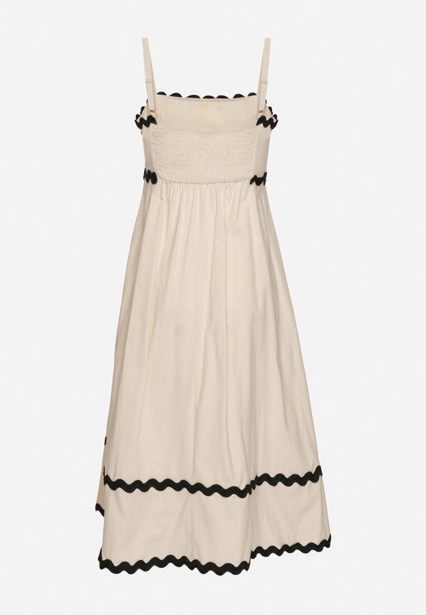 Born2be - Beżowa Sukienka z Bawełną Wiskozą na Ramiączkach z Lamówką Ilanise. Okazja: na co dzień, na spacer. Kolor: beżowy. Materiał: wiskoza, bawełna. Długość rękawa: na ramiączkach. Wzór: aplikacja. Sezon: lato. Typ sukienki: proste. Styl: elegancki, casual