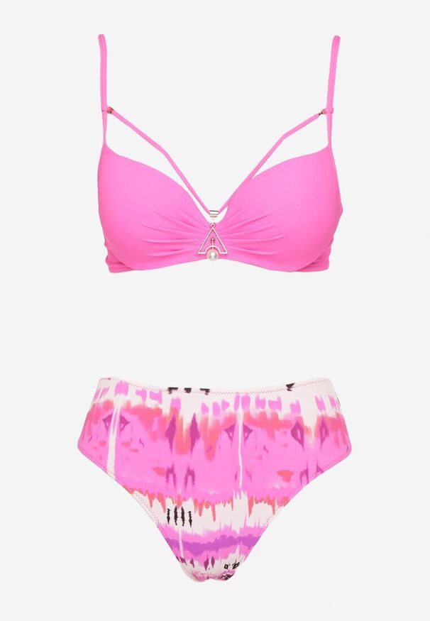 Renee - Fuksjowe Bikini Majtki Figi i Biustonosz Push-Up Ozdobiony Paskami Wiobella. Kolor: różowy. Wzór: aplikacja