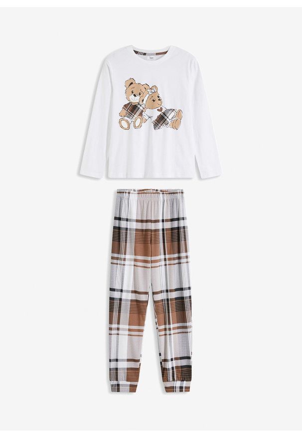 bonprix - Piżama z czystej bawełny (2 części). Kolor: biały. Materiał: bawełna. Wzór: nadruk
