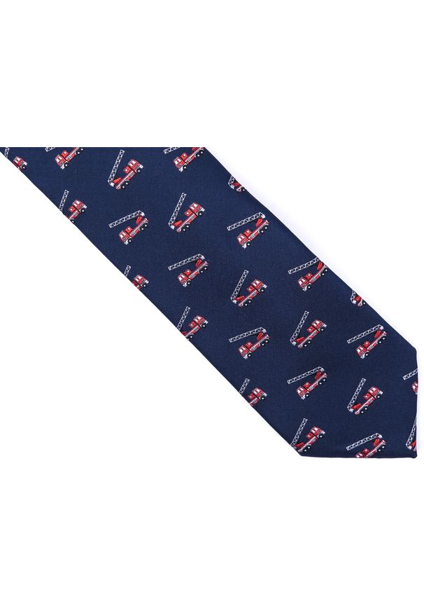 Modini - Granatowy krawat męski - wozy strażackie, dla strażaka D176. Kolor: niebieski. Materiał: mikrofibra, tkanina