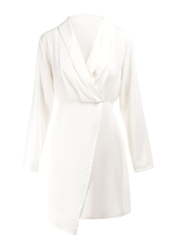 Born2be - Biała Sukienka Tryphala. Typ kołnierza: dekolt w kształcie V. Kolor: biały. Materiał: tkanina. Długość rękawa: długi rękaw. Wzór: aplikacja, gładki, jednolity. Typ sukienki: kopertowe. Styl: klasyczny. Długość: mini