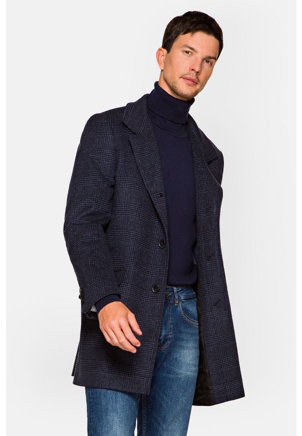 Lancerto - Płaszcz Granatowy w Kratę Conventry. Kolor: niebieski. Materiał: materiał, kaszmir, jeans, wełna, acetat, skóra, bawełna, wiskoza, syntetyk, poliester. Styl: klasyczny