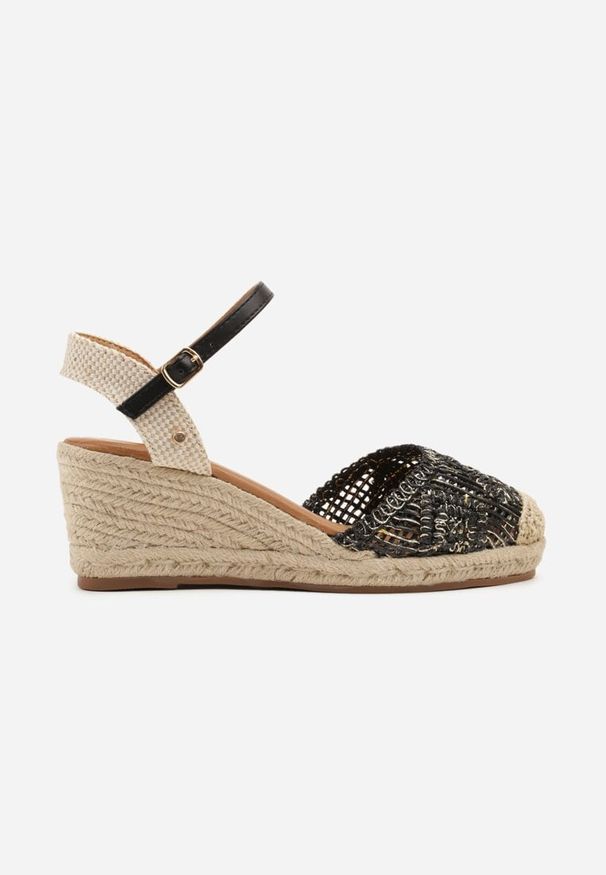 Renee - Czarne Sandały Boho z Ażurową Cholewką na Plecionym Koturnie Tenavinea. Okazja: na co dzień. Kolor: czarny. Wzór: ażurowy. Obcas: na koturnie. Styl: boho
