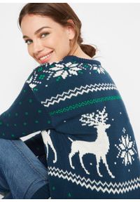 Sweter z zimowym motywem bonprix ciemnoniebieski z zimowym motywem. Kolor: zielony. Materiał: dzianina. Sezon: zima #5