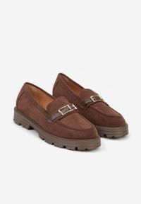 Renee - Brązowe Mokasyny z Metaliczną Klamrą Glitterfly. Okazja: na co dzień. Zapięcie: klamry. Kolor: brązowy. Materiał: jeans. Styl: casual, elegancki #7