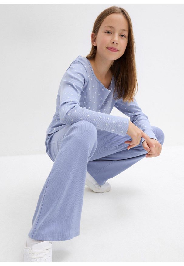 bonprix - Spodnie z prążkowanego dżerseju, z bawełny organicznej. Kolor: niebieski. Materiał: prążkowany, jersey, bawełna. Wzór: prążki. Styl: elegancki