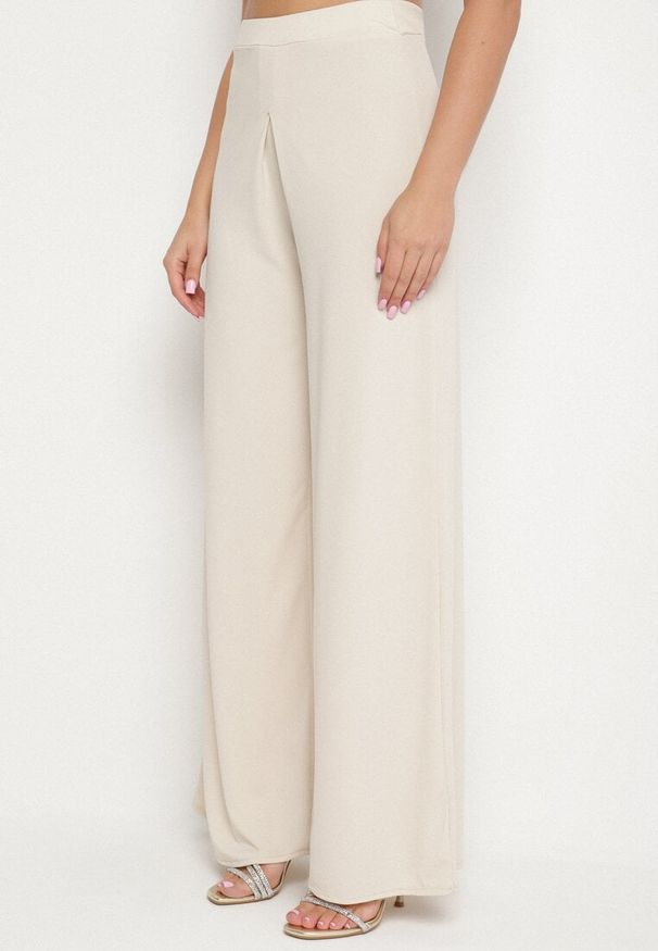 Born2be - Beżowy Komplet Bluzka z Wiązaniem i Szerokie Spodnie Halazea. Kolor: beżowy