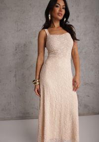 Renee - Beżowa Koronkowa Koktajlowa Sukienka o Taliowanym Kroju Ianra. Kolor: beżowy. Materiał: koronka. Długość rękawa: na ramiączkach. Wzór: koronka. Styl: wizytowy. Długość: mini #4