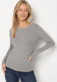 Born2be - Szara Bluzka Typu Longsleeve z Okrągłym Dekoltem Unelessa. Kolor: szary. Materiał: jeans. Długość rękawa: długi rękaw. Styl: elegancki, klasyczny #7