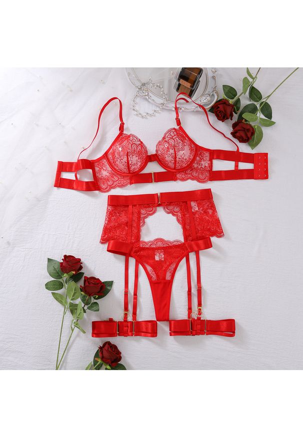 Intica - Zestaw bielizny z koronkowym haftem na romantyczne wieczory Ivey. Kolor: czerwony. Materiał: koronka. Wzór: haft