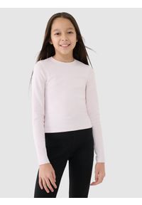 4f - 4F Longsleeve slim gładki dziewczęcy - beżowy 134 (8-9 lat). Okazja: na co dzień. Kolor: beżowy. Materiał: dzianina, materiał, bawełna, elastan. Długość rękawa: długi rękaw. Długość: długie. Wzór: gładki. Sezon: lato. Styl: klasyczny, sportowy, casual