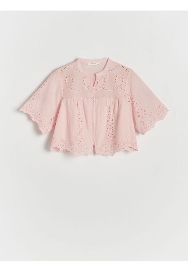 Reserved - Ażurowa koszula z bawełny - pastelowy róż. Kolor: różowy. Materiał: bawełna. Długość: krótkie. Wzór: ażurowy