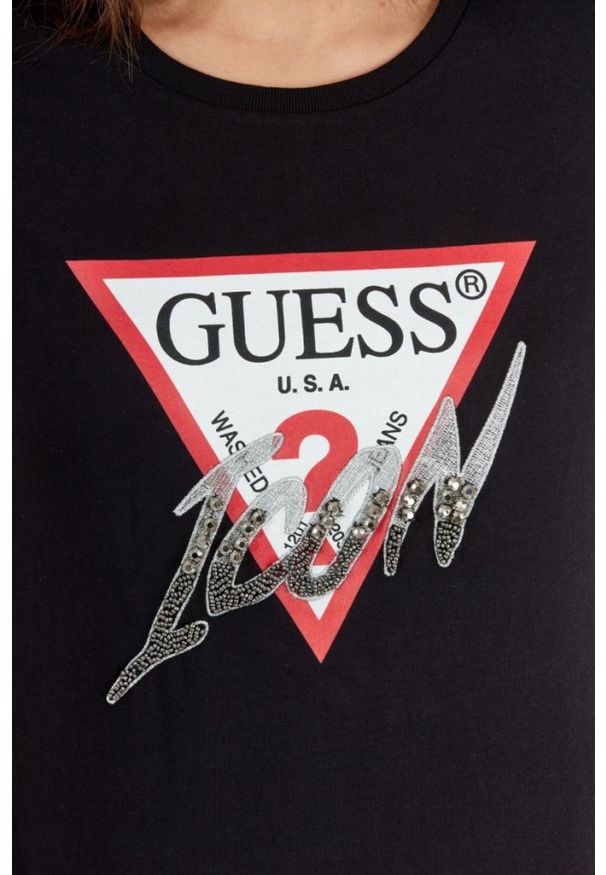 Guess - GUESS Czarny t-shirt damski icon. Kolor: czarny. Materiał: bawełna