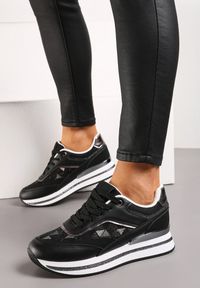 Born2be - Czarne Sneakersy Ozdobione Brokatem i Metalicznymi Wstawkami Cindema. Kolor: czarny. Wzór: aplikacja
