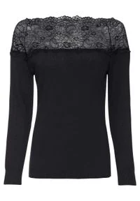 Sweter z koronką w dekolcie bonprix czarny. Kolor: czarny. Materiał: koronka. Wzór: koronka #1