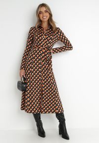 Born2be - Pomarańczowo-Czarna Sukienka Koszulowa Rozkloszowana Senecio. Okazja: na spotkanie biznesowe, na co dzień, na randkę, do pracy. Kolor: pomarańczowy. Materiał: dzianina, materiał. Wzór: geometria. Typ sukienki: koszulowe. Styl: biznesowy, casual, elegancki. Długość: midi #4