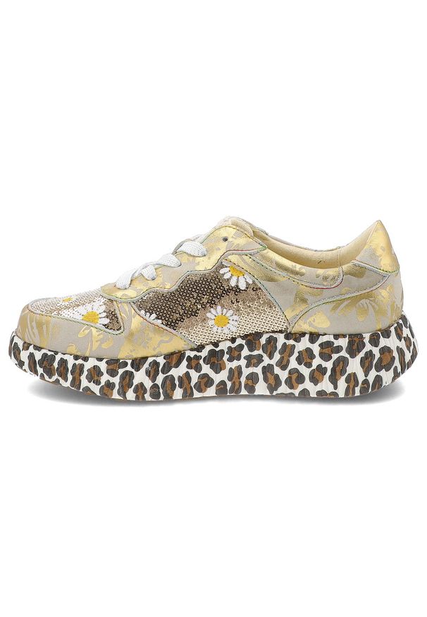 Złote Sneakersy Laura Vita Modne Obuwie Damskie Panterka. Zapięcie: sznurówki. Kolor: złoty. Materiał: skóra. Wzór: motyw zwierzęcy. Sezon: wiosna, lato. Styl: klasyczny, elegancki