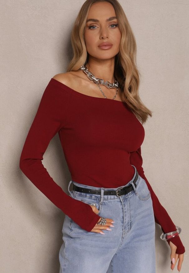 Renee - Bordowa Bluzka z Bawełny z Wycięciem na Kciuk Valwiwi. Okazja: na co dzień. Kolor: czerwony. Materiał: bawełna. Styl: casual