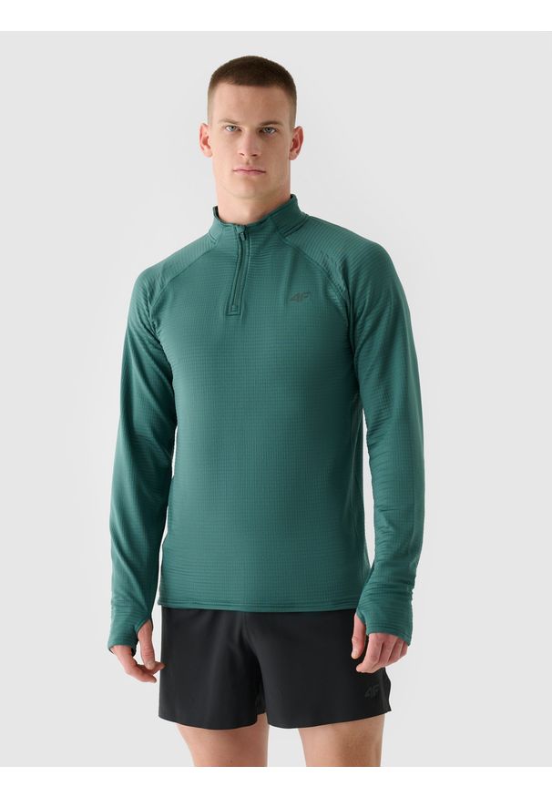 4f - 4F Bluza do biegania szybkoschnąca męska - zielona S. Typ kołnierza: bez kaptura, kołnierzyk stójkowy. Kolor: zielony. Materiał: dzianina, włókno, syntetyk, materiał, elastan. Długość rękawa: raglanowy rękaw. Długość: krótkie. Wzór: jednolity. Styl: klasyczny, sportowy. Sport: fitness, bieganie