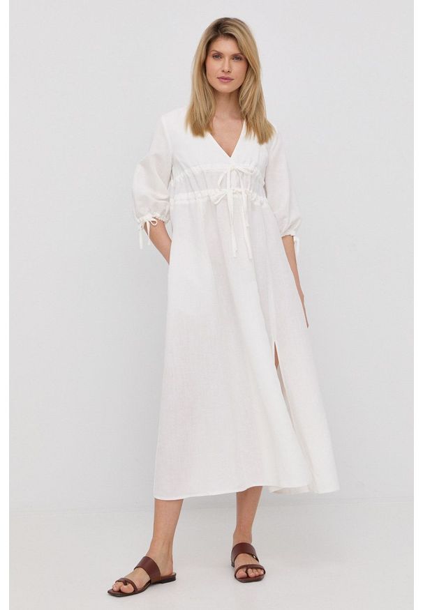 Liviana Conti sukienka lniana kolor biały midi rozkloszowana. Kolor: biały. Materiał: len. Typ sukienki: rozkloszowane. Długość: midi