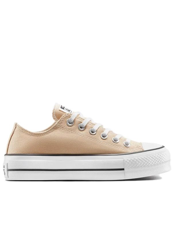 Buty unisex Converse Chuck Taylor All Star Lift Platform A11877C - beżowe. Zapięcie: sznurówki. Kolor: beżowy. Materiał: materiał. Szerokość cholewki: normalna. Obcas: na platformie. Styl: elegancki, klasyczny