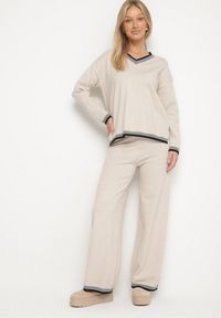 Born2be - Jasnobeżowy Dzianinowy Komplet z Ozdobną Lamówką Sweter i Szerokie Spodnie Ralenae. Kolor: beżowy. Materiał: dzianina #4