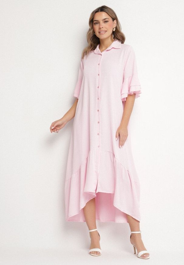 Born2be - Różowa Sukienka Koszulowa z Ozdobną Falbanką Daviravie. Okazja: na co dzień. Kolor: różowy. Typ sukienki: koszulowe. Styl: klasyczny, casual, elegancki