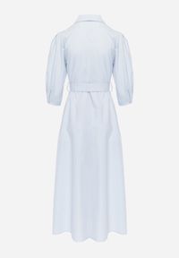 Born2be - Niebieska Rozkloszowana Sukienka Koszulowa w Stylu Retro z Bawełny z Wiązaniem Cirire. Okazja: na co dzień. Kolor: niebieski. Materiał: bawełna. Typ sukienki: koszulowe. Styl: retro #4