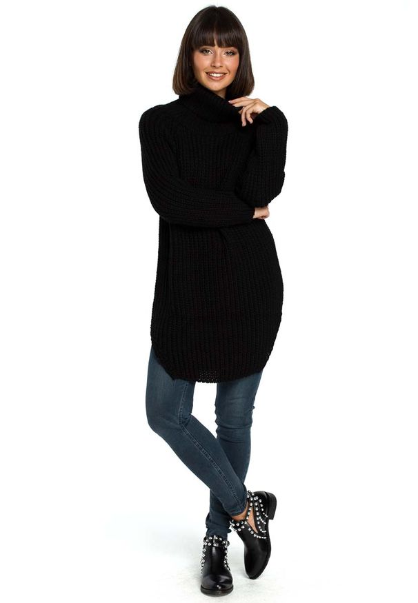 MOE - Czarny Wygodny Długi Sweter z Golfem. Typ kołnierza: golf. Kolor: czarny. Materiał: akryl. Długość: długie