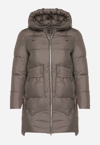 Born2be - Szara Długa Pikowana Kurtka z Nieodpinanym Kapturem Mevessia. Okazja: na co dzień. Kolor: szary. Materiał: jeans. Długość: długie. Styl: klasyczny, casual, elegancki #7