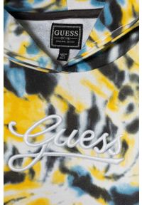 Guess bluza bawełniana dziecięca kolor żółty z kapturem wzorzysta. Typ kołnierza: kaptur. Kolor: żółty. Materiał: bawełna. Wzór: aplikacja #2