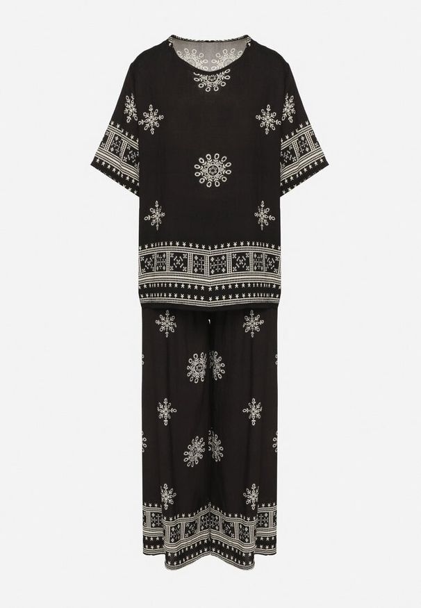 Born2be - Czarny Wiskozowy Komplet w Stylu Boho z Haftem T-shirt i Szerokie Spodnie Zevanya. Kolor: czarny. Materiał: wiskoza. Wzór: haft